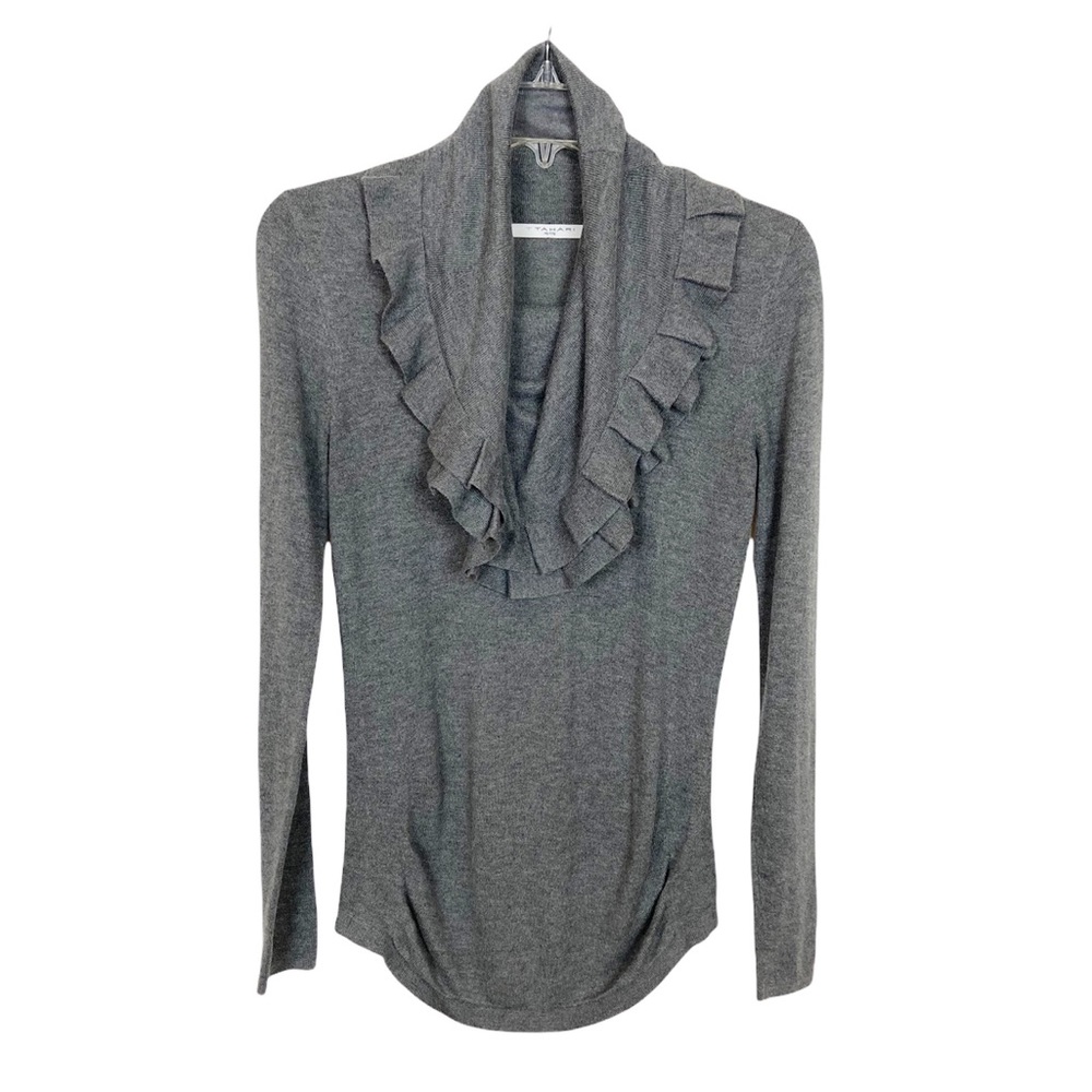 T Tahari Petite Charcoal Grey Ruffled Trim Cowl Neck Sweater Size XS Petite